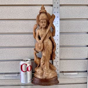 💥 Vtg Goddess Saraswati Sarasvati 💥Carved Wood Mid 20th C. ~ 16.5" Statue 💥